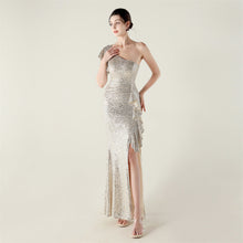 Load image into Gallery viewer, One Shoulder Ruffles Embellished Beaded Chain Handmade Sequined Evening Dress Cocktail Party Wedding