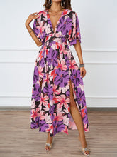 Load image into Gallery viewer, Summer Floral Print Maxi Dress Elastic Band Waist Tight Big V neck Short Sleeve Dress for Women