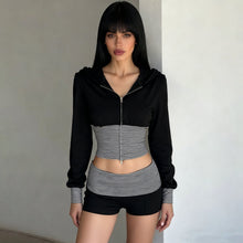 Load image into Gallery viewer, Women Wear Casual Striped Stitching Contrast Color Zipper Hooded Top Shorts Two Piece Set
