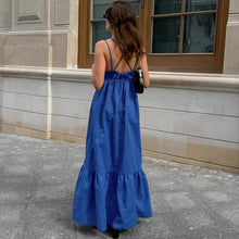 Load image into Gallery viewer, French Vacation Blue Cotton Linen V neck Strap Backless Dress Spring Summer Dress