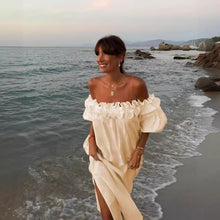 Load image into Gallery viewer, Solid Color Cotton Linen Sexy of Neck Split Holiday Dress Women