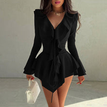 Load image into Gallery viewer, Fall Women Clothing V neck Slim Fit Tied Ruffled Flare Sleeve Dress