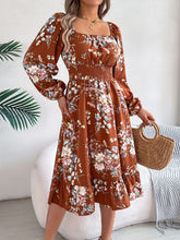 Load image into Gallery viewer, Spring Summer Elegant Floral Square Collar Long Sleeve Waist Trimming Ruffles A line Women Clothing
