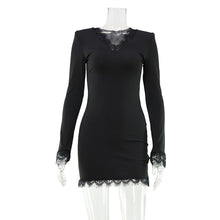 Load image into Gallery viewer, Autumn Women Clothing French Lace V neck Solid Color Simple Slim Fit Long Sleeve Narrow Short Dress