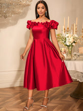 Load image into Gallery viewer, Sexy off the Shoulder Puffy Pleated Waist Tight a Expansion Dress Cocktail Wedding Bridesmaid Midi Dress