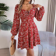 Load image into Gallery viewer, Autumn Winter Casual Sexy Lacing Square Collar Floral Long Sleeve A line Women Clothing