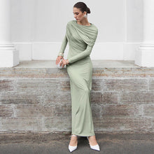 Load image into Gallery viewer, Fall Winter Elegant Long Sleeve Solid Color Knitted Slim Fit Maxi Dress Office Irregular Asymmetric Collar Dress for Women