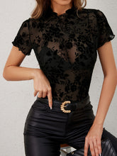 Load image into Gallery viewer, Spring Women Stand Collar Gauze Flocking Short Sleeve T shirt Top Women