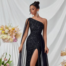 Load image into Gallery viewer, Shoulder Sequined Evening Dress Mesh Ribbon High Slit Design the Dinner Party Stage Maxi Dress