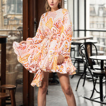 Load image into Gallery viewer, Spring French Vintage Print Lace up Waist Controlled Slimming Long Sleeve Dress Women A line Short Dress