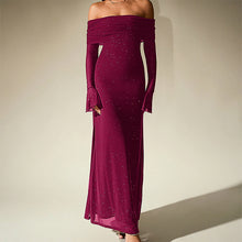 Load image into Gallery viewer, Mesh Silver Square Dress Sexy off Shoulder Flared Long Sleeve Dress Maxi Dress