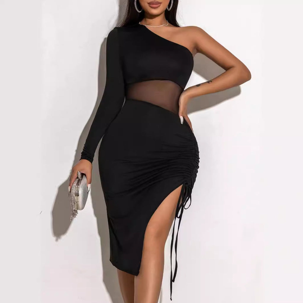 Summer Drawstring See Through Tight Dress Shoulder Long Sleeve Lace Mesh Body Shaping Dress