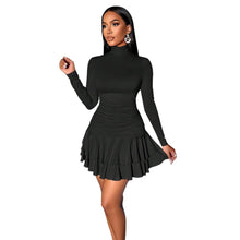 Load image into Gallery viewer, Turtleneck Slim Knit Dress Women Black Waist Indirect Pleated Double Layer Ruffled Short Dress