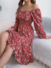 Load image into Gallery viewer, Autumn Winter Elegant Floral Square Collar Long Sleeve Waist Trimming Ruffles A line Women Clothing