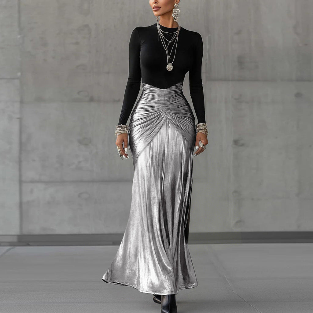 Winter Women Clothing Fashionable Elegant Long Sleeve Stitching Ruffle Waist Tight Elegant Dress
