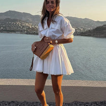 Load image into Gallery viewer, Women Clothing Casual Short A line Dress Cotton Collared 3/4 Sleeve French Shirt Dress