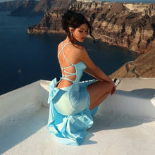 Load image into Gallery viewer, Vacation Bare Back Lace up Bow Dress Solid Color Fold Split Design Dress