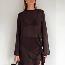 Load image into Gallery viewer, Spring Summer Arrival Mesh See through round Neck Long Sleeve Lace up Bow Split Dress Women