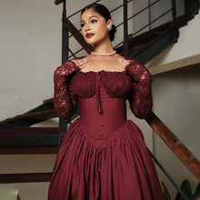 Load image into Gallery viewer, Women Clothing Spring Square Collar Lace Long Sleeve Waist Solid Color Mid Length Dress
