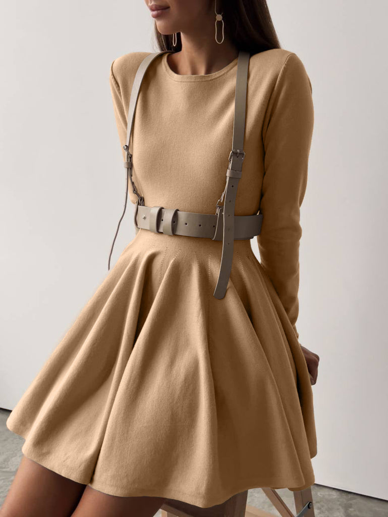 Round Neck Waist Trimming Knitted Dress Women All Match Advanced Pleated Woolen