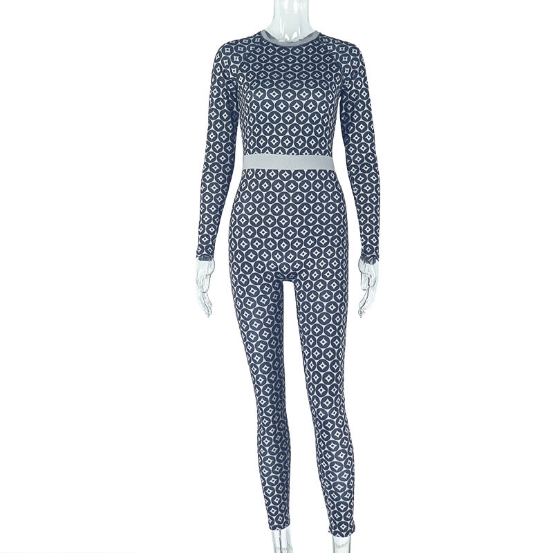 Casual Home Women Slim Fit Elastic Waist Tightening Jumpsuit Print round Neck Long Sleeve Jumpsuit