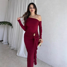 Load image into Gallery viewer, Autumn Elegant Women Single Shoulder Solid Color Long Sleeve Slim Fit Sexy Sheath Pleated Dress