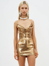 Load image into Gallery viewer, Sexy Golden V neck Strap Backless Little Short Dress Sequin Dress Nightclub Dress