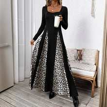 Load image into Gallery viewer, Leopard Splicing Dress Retro High Waist Long Sleeves Wide Leg A line Dress