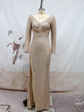 Load image into Gallery viewer, Spring Split Long Sleeve V neck Slim Fit Long Formal Dress Wedding Cocktail Party Multi Color Sequined Evening