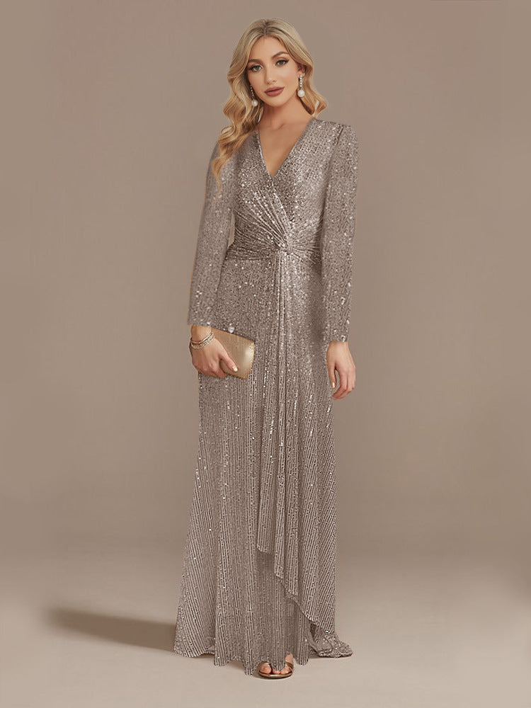 Multi Color Long Sleeve V neck Fishtail Cocktail Evening Dress Women