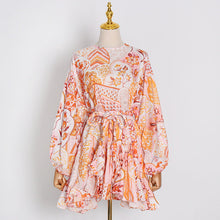 Load image into Gallery viewer, Spring French Vintage Print Lace up Waist Controlled Slimming Long Sleeve Dress Women A line Short Dress