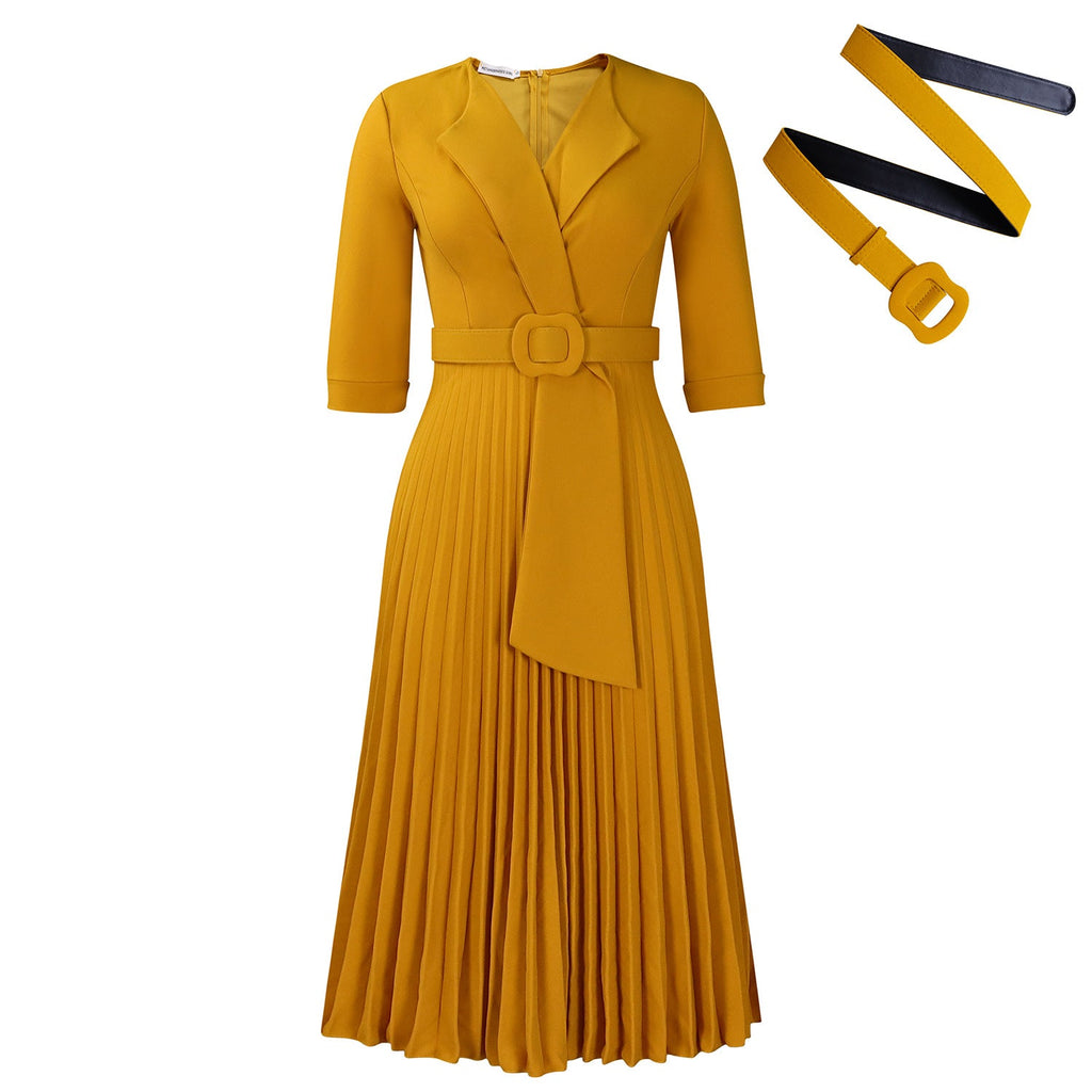 Autumn Winter Women Clothing Office Tailored Collar Pleat Waisted Dress
