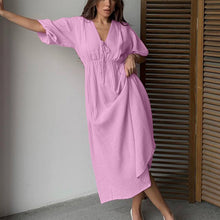 Load image into Gallery viewer, Women Clothing Cotton Double Layer Champray High Waist Dress V neck Puff Sleeve Lace up A line Long Dress