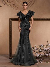 Load image into Gallery viewer, Elegant Ruffle Sleeve Sequin Elegant Cocktail Party Dinner Dress Backless Luxury Fishtail Graduation Evening