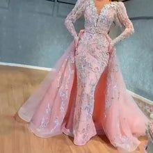 Load image into Gallery viewer, Women Dress Sexy V Neck Long Sleeve Gold Trailing Evening Dress