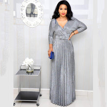 Load image into Gallery viewer, Winter African Women Wear Long Sleeve Bronzing Pleated Swing Dress with Belt Glittering Powder Fabric