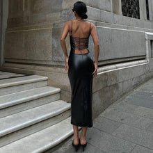 Load image into Gallery viewer, Women Clothing Summer Faux Leather Sexy Backless Lace Up Tight Waist Sheath Split Sling Dress