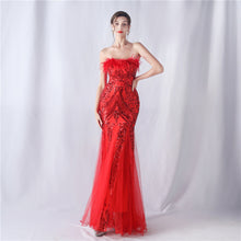 Load image into Gallery viewer, Ostrich Feather Positioning Floral Cutting Wedding Annual Meeting Tube Top Sequin Gauze Evening Dress
