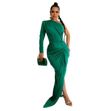 Load image into Gallery viewer, Women Clothing Autumn Oblique Shoulder Pleated Solid Color Dress Maxi Dress