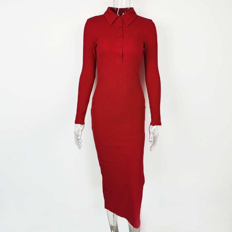 Autumn Winter Women Clothing Sexy Slit Slim Rib Button Long Sleeve Dress