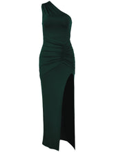 Load image into Gallery viewer, Elegant Milk Silk Sloping Shoulder Dress Sexy High Slit Slim Pleated Tight Formal Dress
