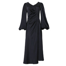 Load image into Gallery viewer, French Retro Lantern Sleeve V Neck Sexy Beaded Waist Slimming Glossy Satin Dress Women
