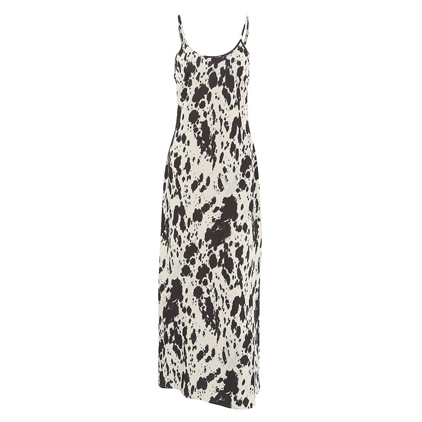 Autumn Winter Sexy Design Print Sling round Neck All Matching Ankle High Retro Party Formal Dress Women