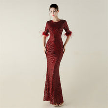Load image into Gallery viewer, Positioning Floral Sequin Craft Order Ostrich Feather Decorative Evening Dress Long Sleeve Fishtail Cinched Peplum