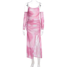 Load image into Gallery viewer, Autumn Winter Women Dress Mesh Printed Sling Oversleeve off Shoulder Backless Slit