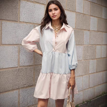 Load image into Gallery viewer, Fresh Pink Blue Contrast Color Striped Collared Lantern Sleeve Tiered Swing Loose Stitching Shirt Dress