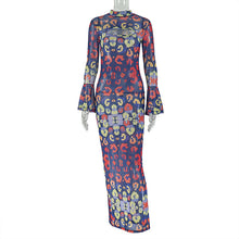 Load image into Gallery viewer, Retro Women Wear Waist Trimming Printing Hip Dress Hollow Out Cutout round Neck Flared Sleeves Maxi Dress
