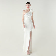 Load image into Gallery viewer, One Shoulder Three Dimensional Floral Satin Folding High Slit Sexy Evening Dress Dinner Wedding Social