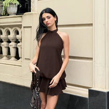 Load image into Gallery viewer, Retro Solid Color Elegant Stitching Pleated Backless Lace up Sexy Halter Dress