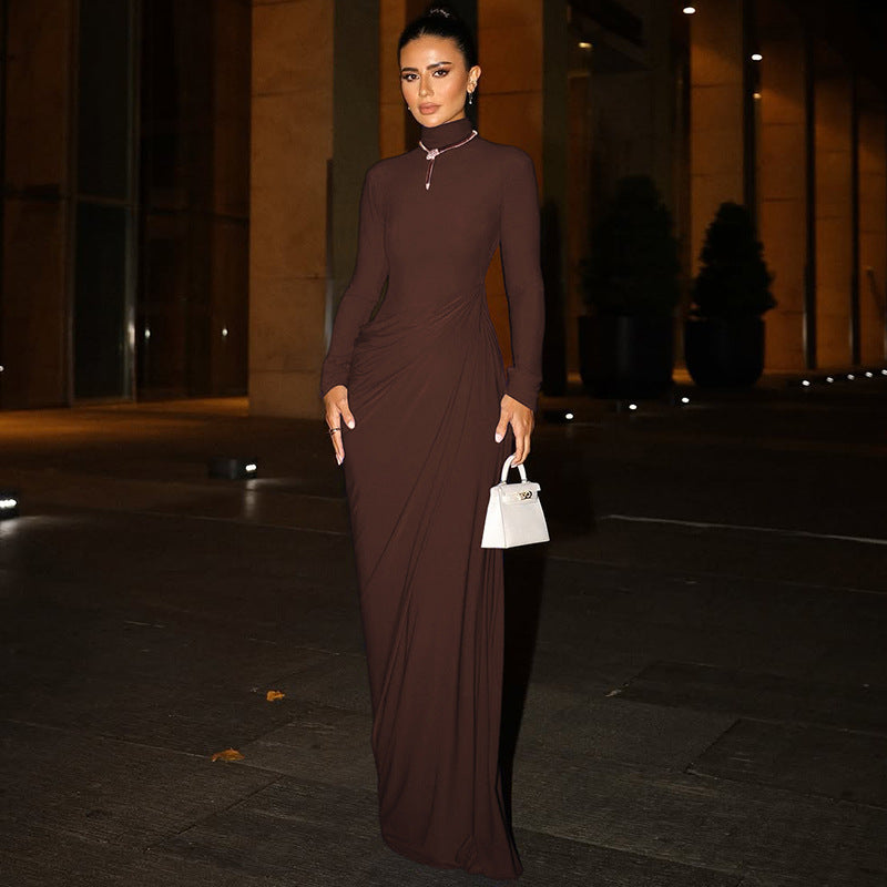 French Women Autumn Sexy Slim Fit Backless Button Solid Color Long Sleeve Dress